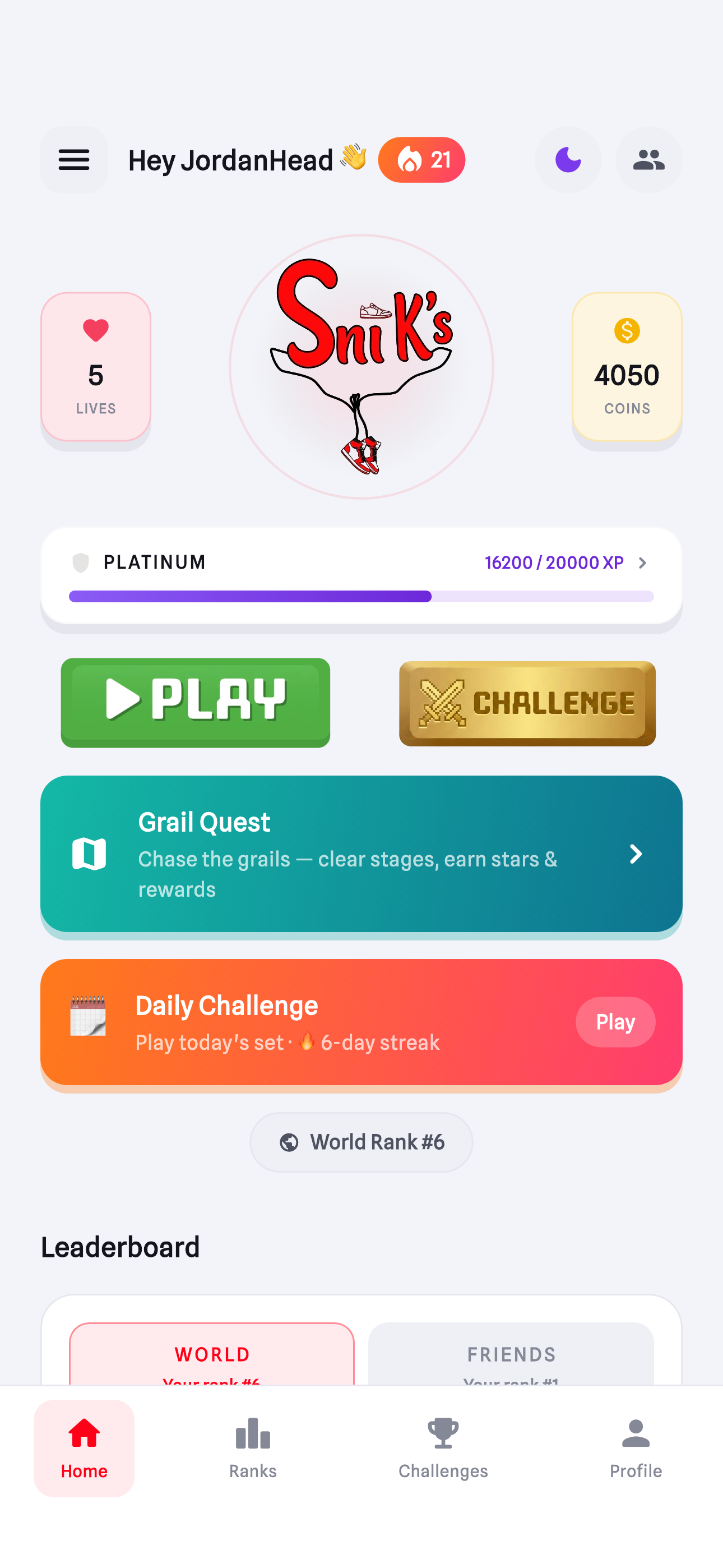 The Sni K’s home screen with lives, coins, rank progress and Play button